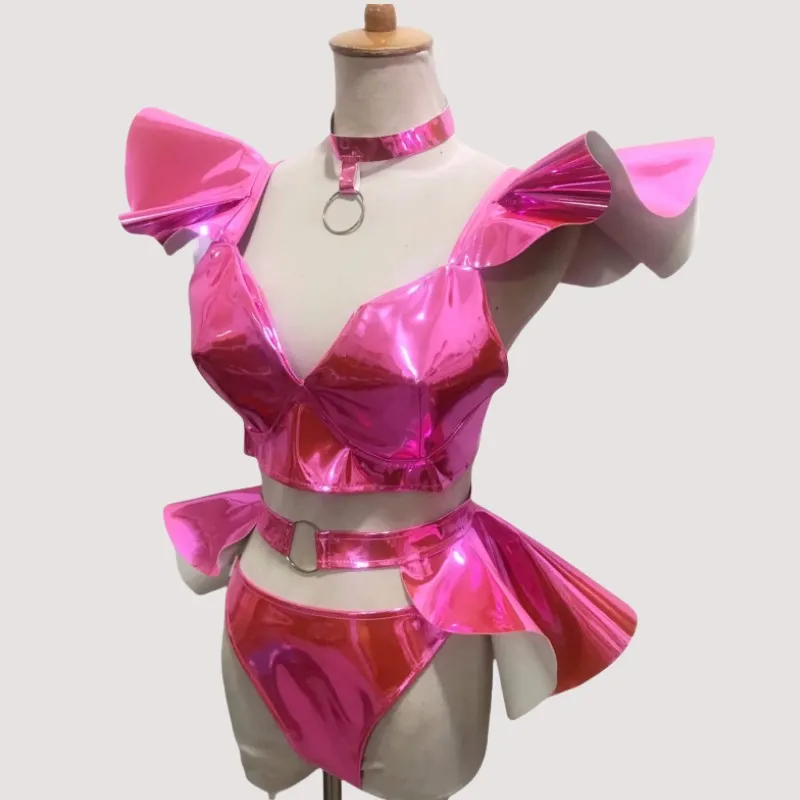 Pink Lacquer Leather Bikini Mini Skirt Set for Women Bar Nightclub Party Show Rave Outfit Gogo Dancer Team Performance Costume