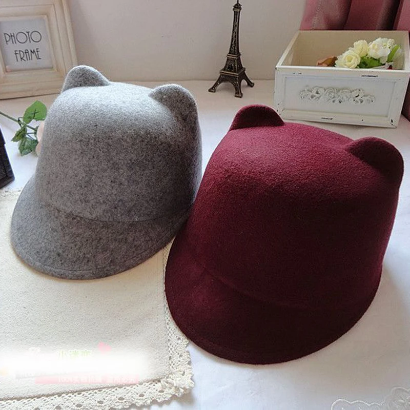 LUCKYLIANJI High Quality Spring Autumn Winter 100% Wool Felt Women Demon Devil Hat Cat Ears Bowler Halloween Cap(One Size: 57cm)