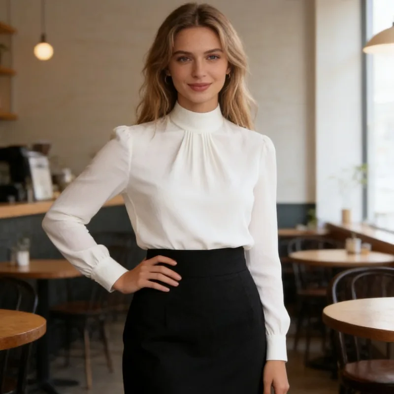 Stehkragen, einfarbig, plissiert, elegant, schlicht, langärmelig, Hemd, 2026, Frühling und Herbst, modisches neues Schlankheits-Top für Damen