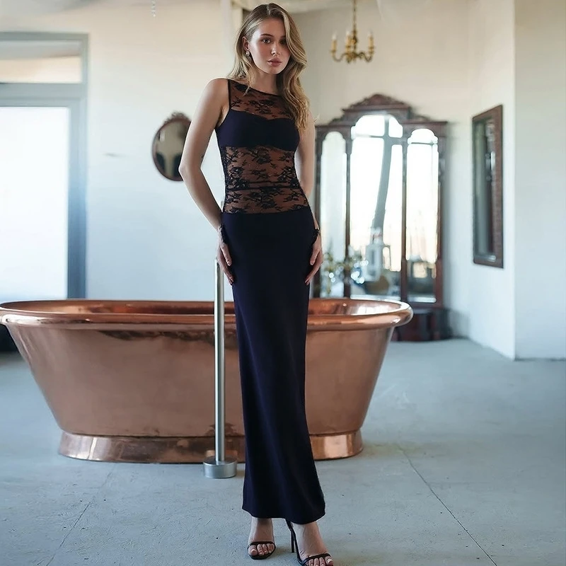 Abito da donna senza maniche a linea A in pizzo patchwork girocollo semi trasparente elegante abito estivo casual per giovani donne chic alla moda