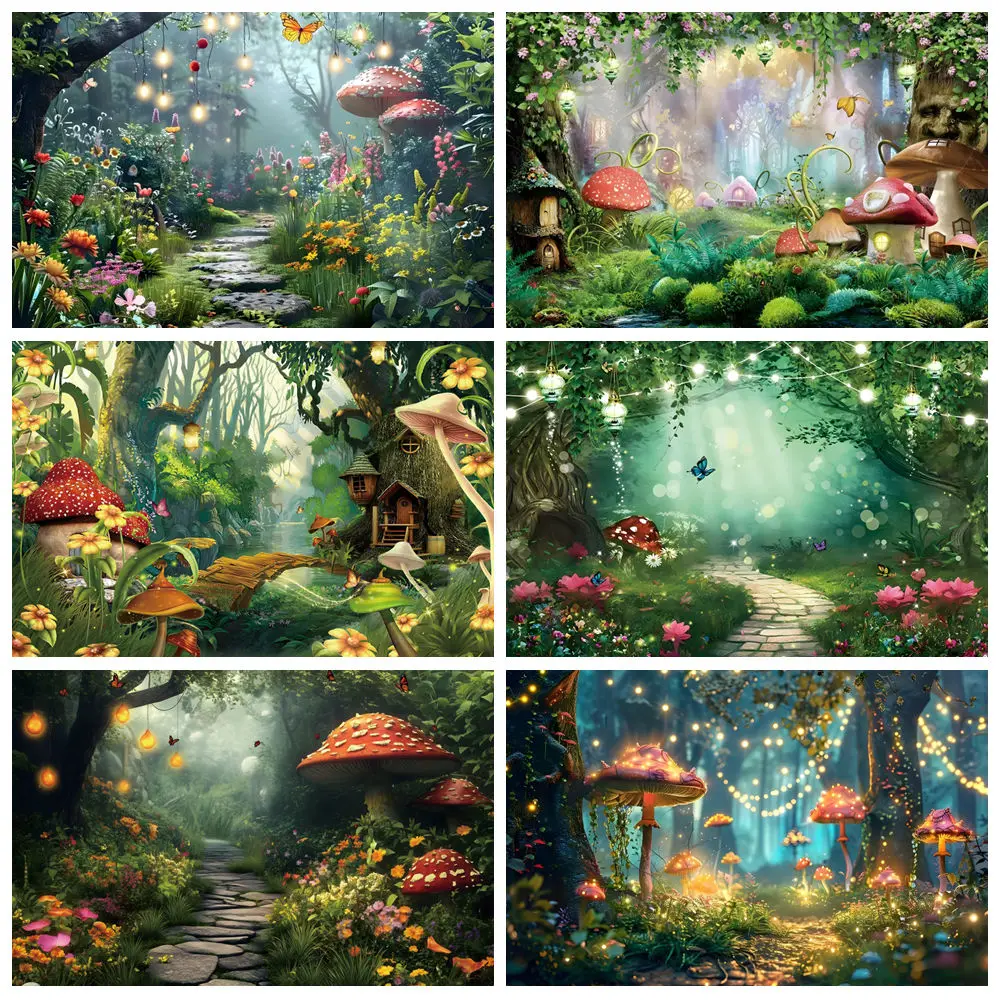 

Spring Enchanted Fairy Tale Forest Backdrop Wonderland Dreamy Jungle Mushroom Baby Birthday Party Photography Background Decor