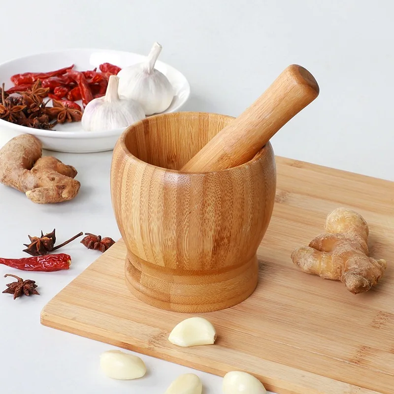 Natural Bamboo Garlic Pestle Kitchen Manual Garlic Puree Grinder Household Spice Mixing And Grinding Tool Pestle Jar Wholesale