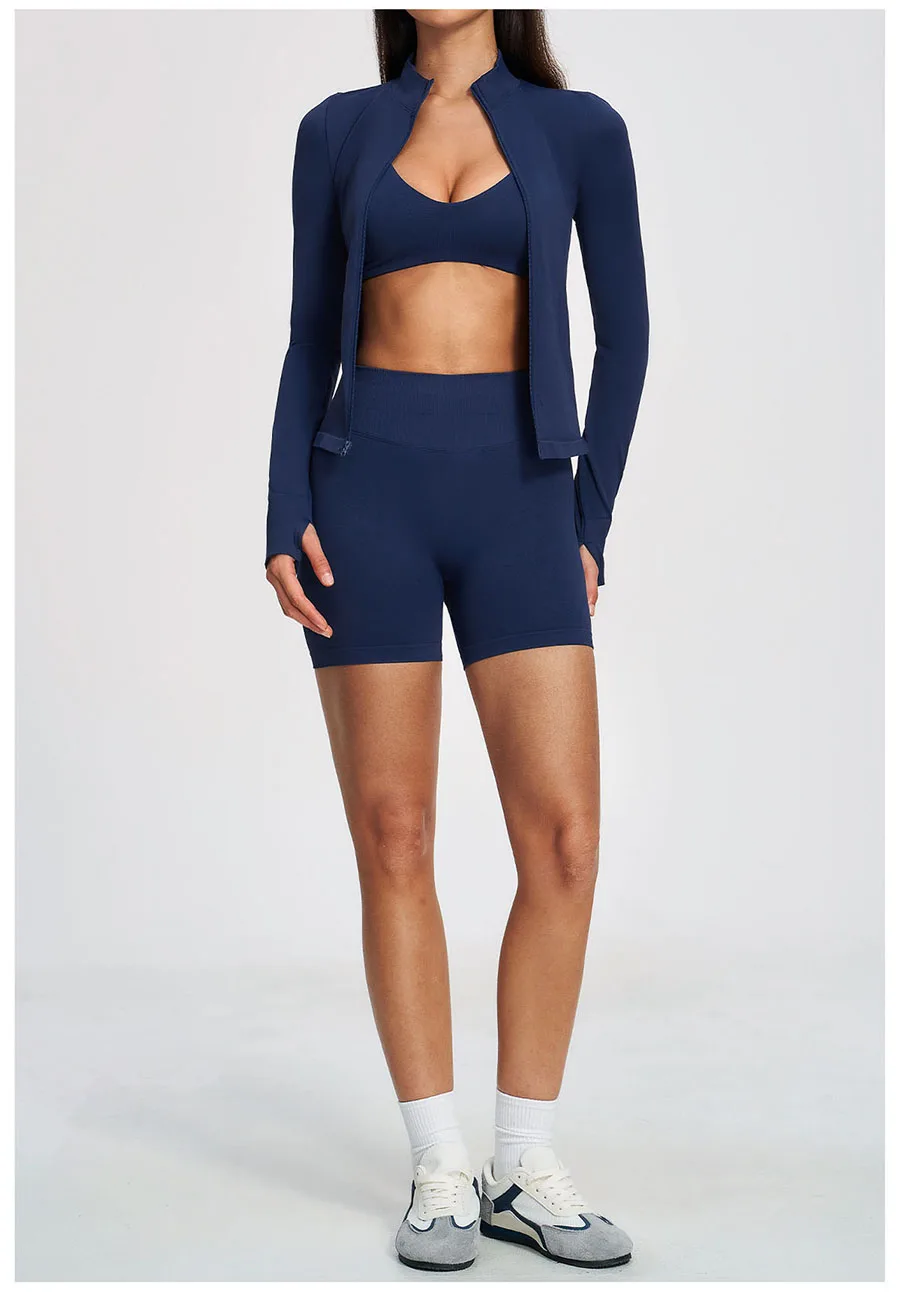 Nahtloses Yoga-Set 3-teilig, Sportbekleidung für Damen, Langarm-Trainingsanzug, Fitness-Set, Sport-BH, Leggings, Sportanzug – Detail 16
