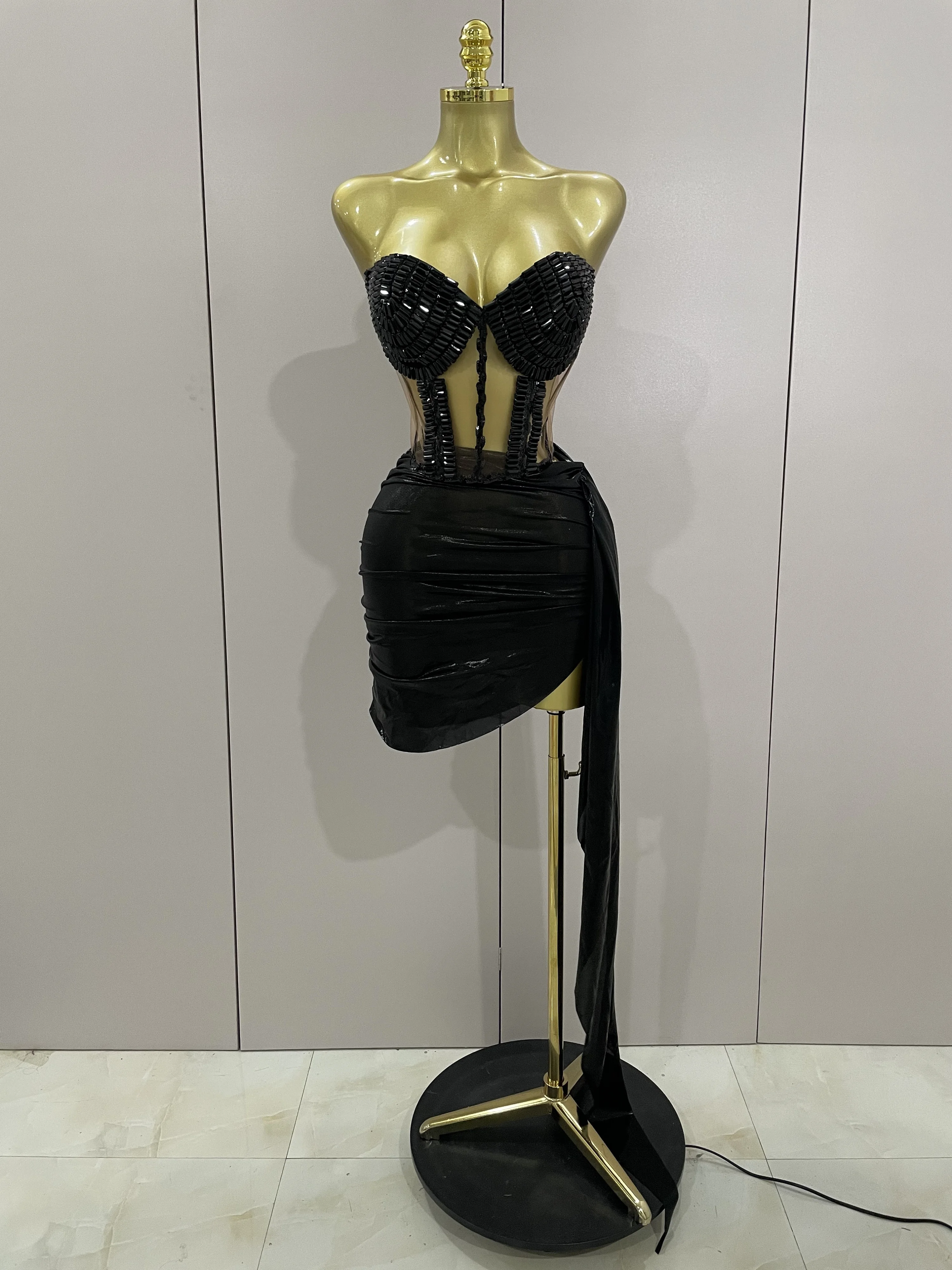 

2025 New Sexy Fashion Black Sparkly Rhinestones 2PCS Mini Dress Women Celebrate Evening Birthday Party Dance Show Stage Costume
