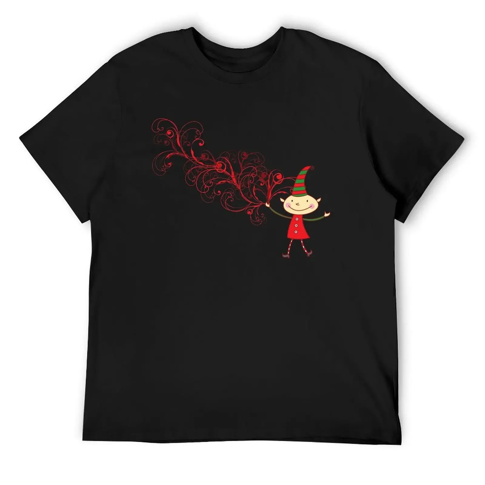 Magical Christmas Elf With Red Flourish Swirls T-Shirt Short sleeve tee street wear mens vintage t shirts