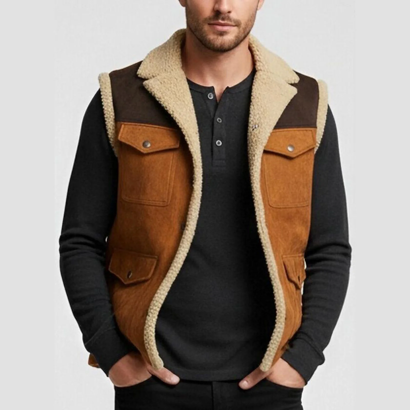 

Мужские жилеты с цветными блоками, теплые жилеты на флисовой подкладке для спорта на открытом воздухе, куртки, модный повседневный жилет на пуговицах с несколькими карманами в стиле ретро