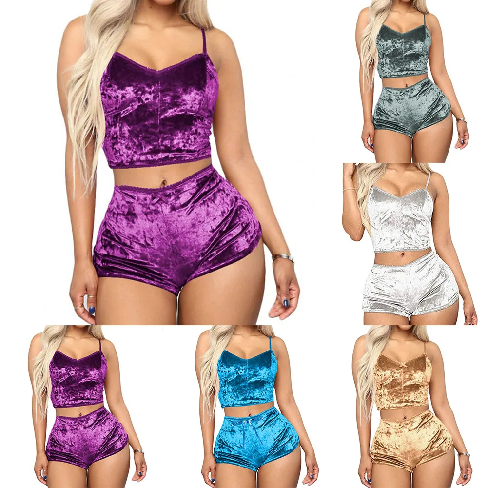 Women's Velvet Polyester Comfortable V-neck Underwear Setcamisole+shorts Pajamas Set Home Clothes Sleeveless Shorts