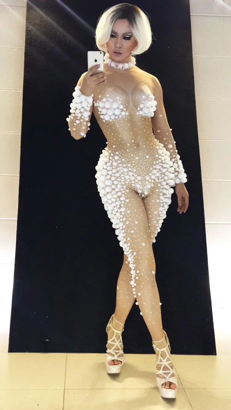 Sexy White Small Balls Christmas tuta Stage Wear Costume pagliaccetti donna Stretch Nude body Birthday Outfit