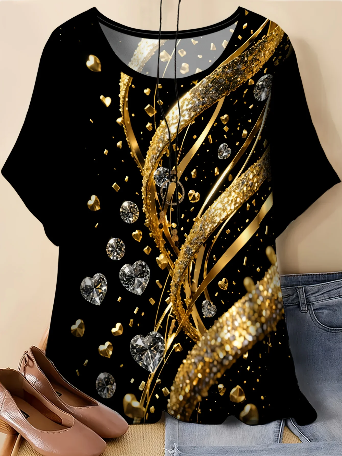 Women Round Neck Short Sleeve Blouse Black Base Golden Stripe Heart Diamond Glitter Print Loose Elegant Party Casual Ladies Top