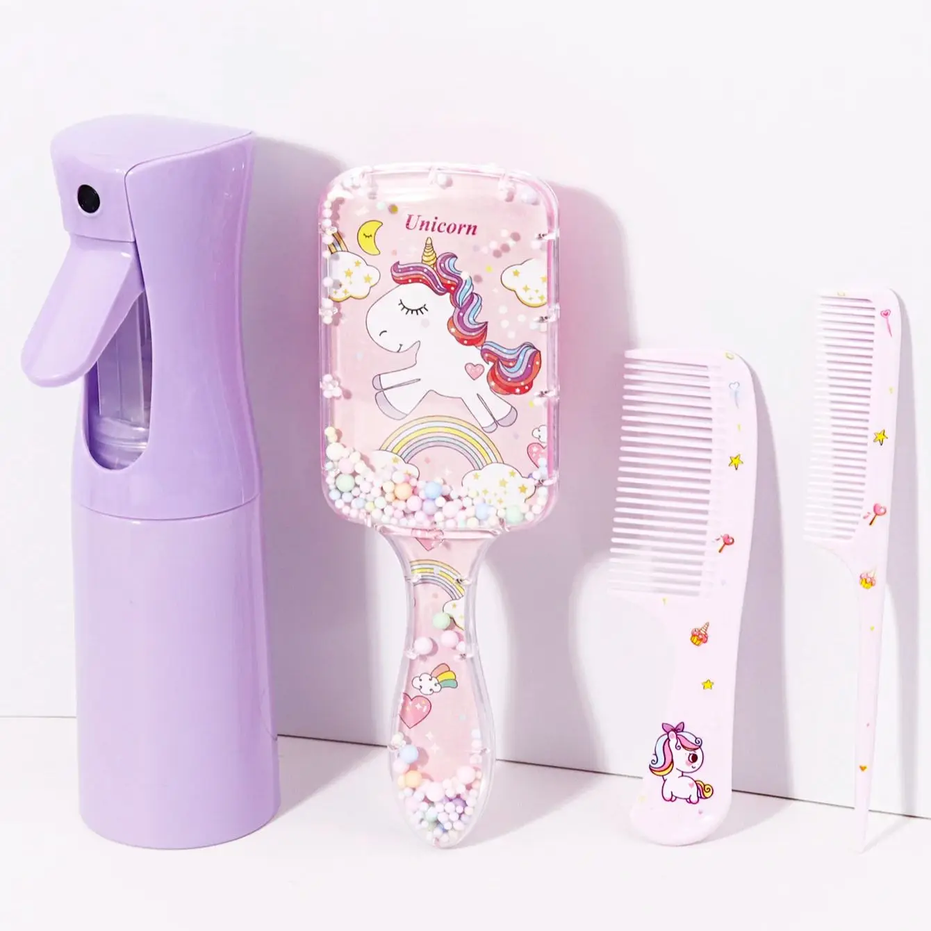 4pcs hair styling set, 200ml spray bottle, cute cartoon pattern square hair brush and 2 combs, Special for real hair wigs