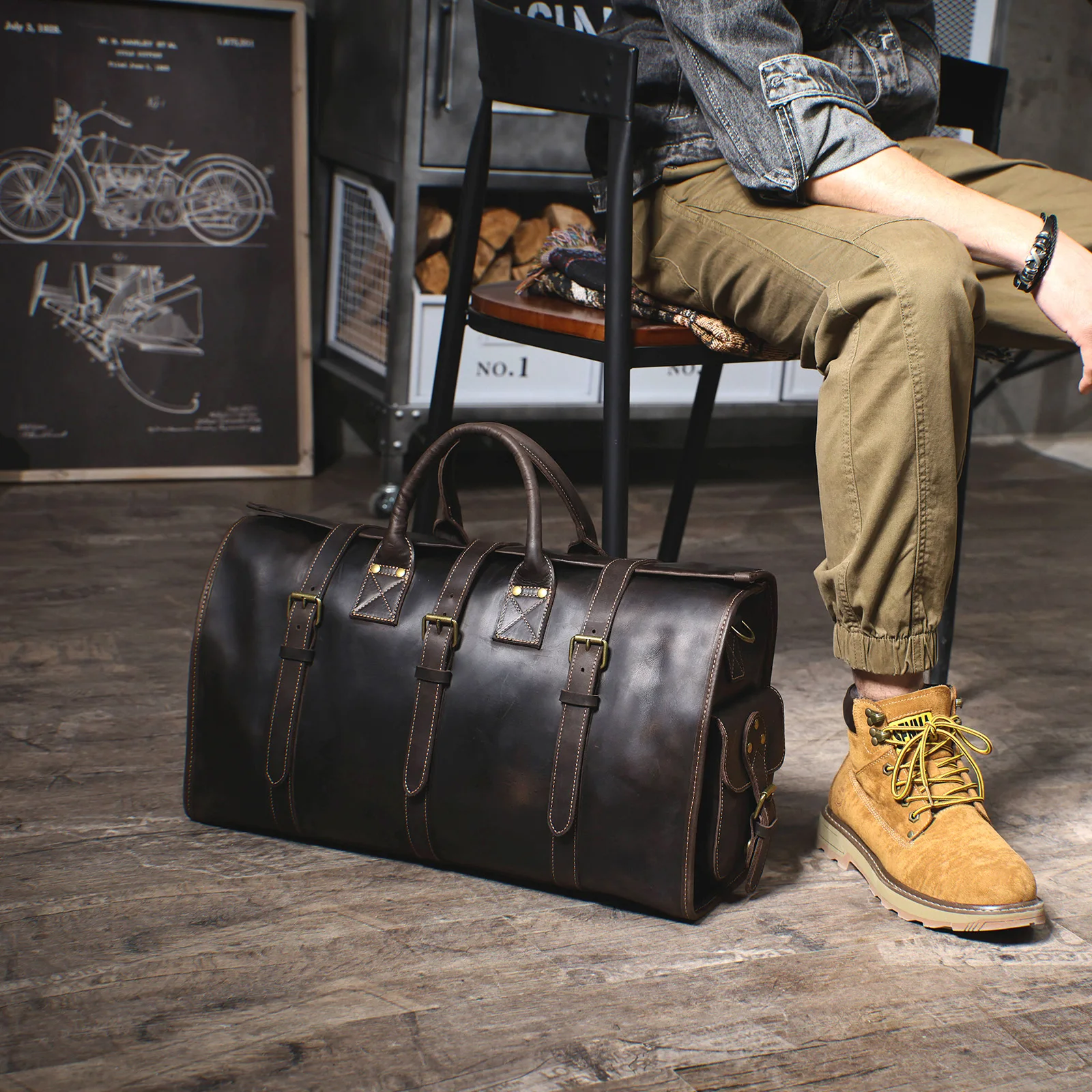 Vintage Echtleder-Reisetasche für Herren, Große Kapazität, Leder-Sporttasche, Klassischer Stil, Wochenendtasche, Übernachtungstasche – Detail 3