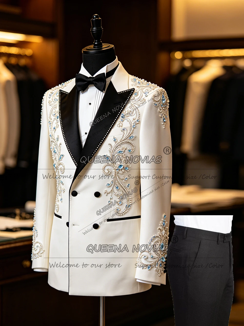 

Exclusive Suit Man For Wedding Black Label Blazer Customized 2 Piece Double Breasted Groom Tuxedos Beading Stones Male Outfits