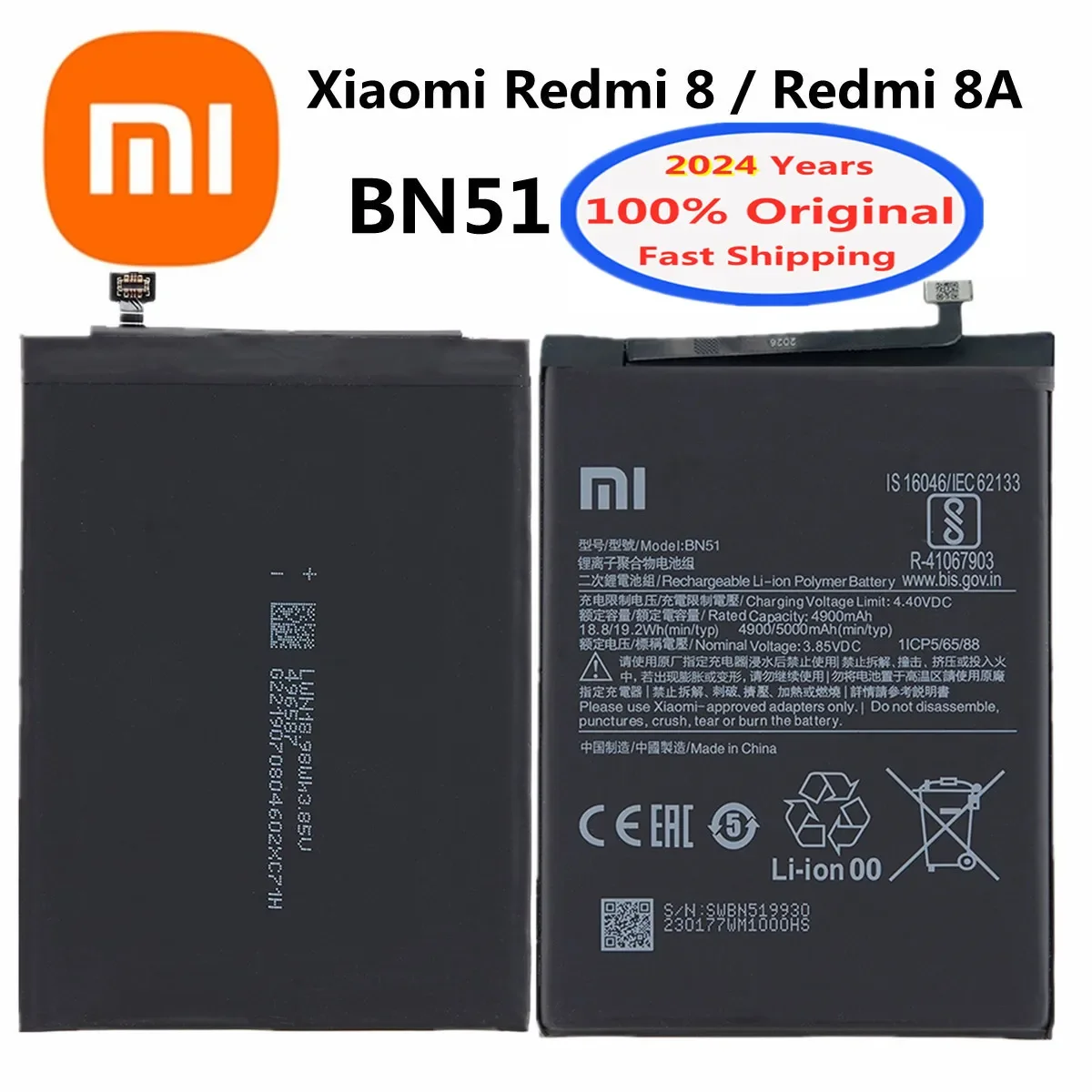 

2024 Years 5000mAh BN51 Orginal Battery For Hongmi Xiaomi Redmi 8 8A Redmi8 Redmi8A Mobile Phone Battery Bateria Fast Shipping