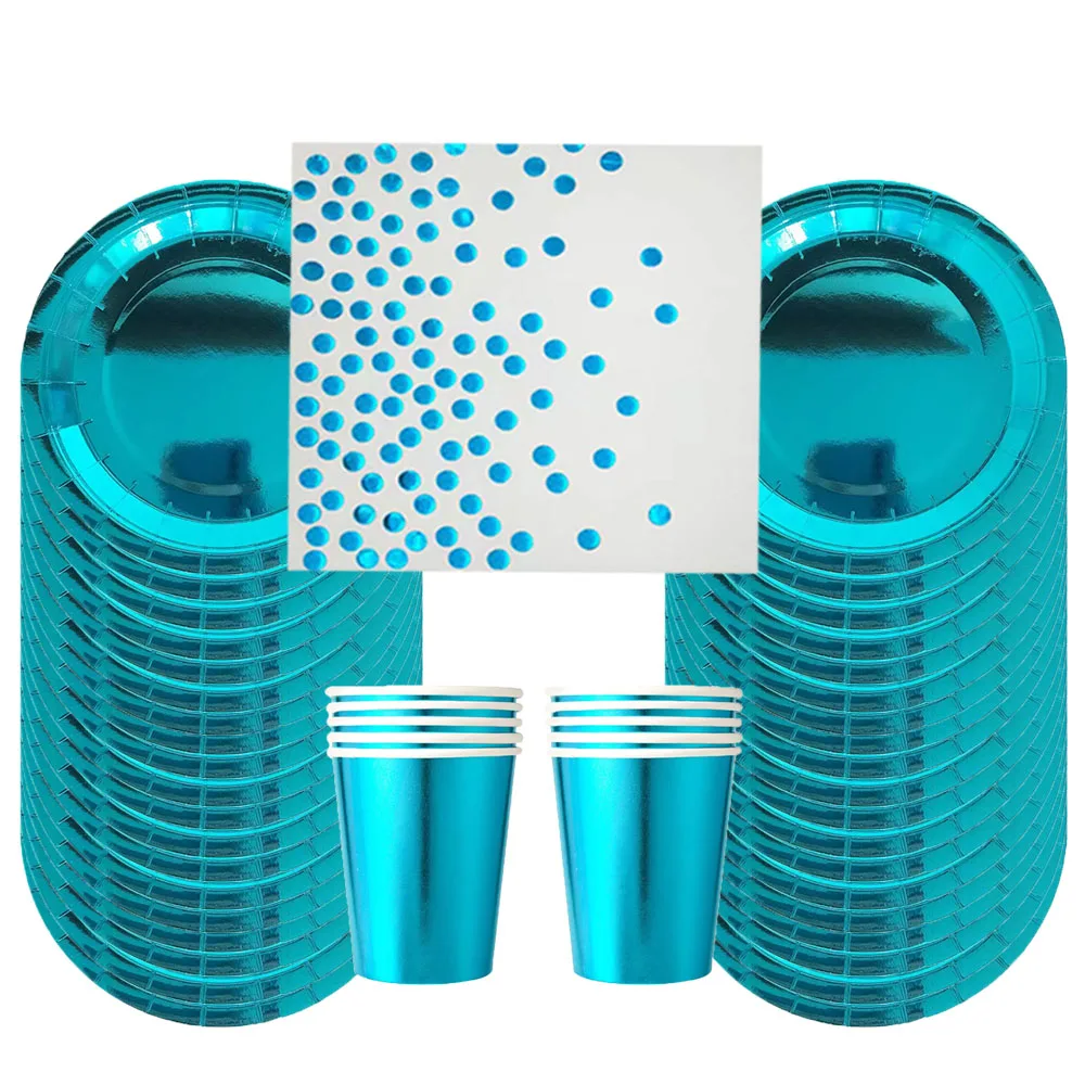 Pure Blue Party Set Disposable Cups, Plates, Paper Tablecloths Suitable For Multiple Birthday Parties, Weddings, And Supplies