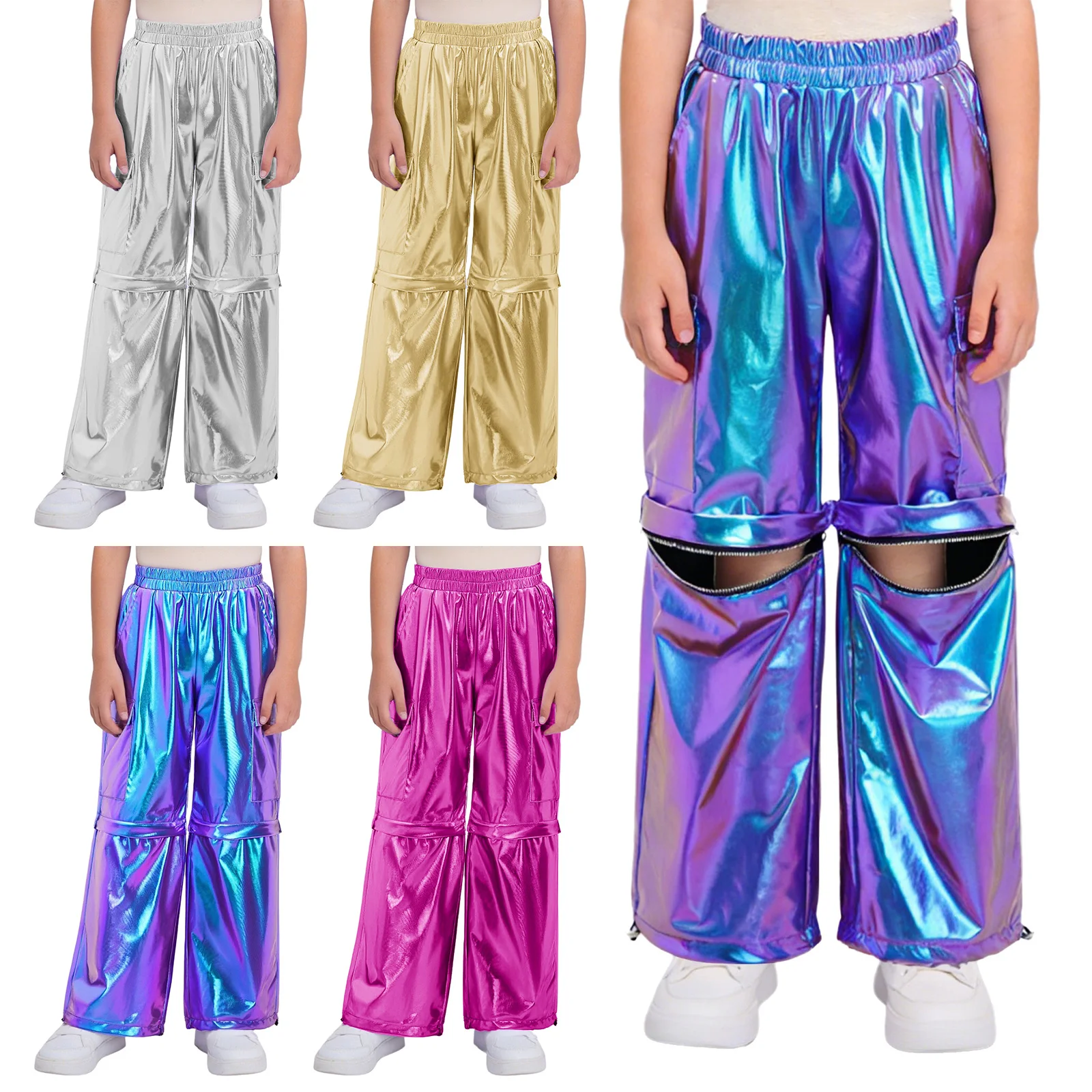 Hip Hop Boys Metallic Cargo Pants Zip-Off Shiny Cargo Pants Girls Streetwear Kids Street Dance Shorts Costume Child Jazz Clothes