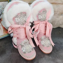 Bling strass perline fiore pelliccia di coniglio rosa stivali da neve stringati suola spessa Slip On camoscio rosa caldo stivaletti di pelliccia invernale donna