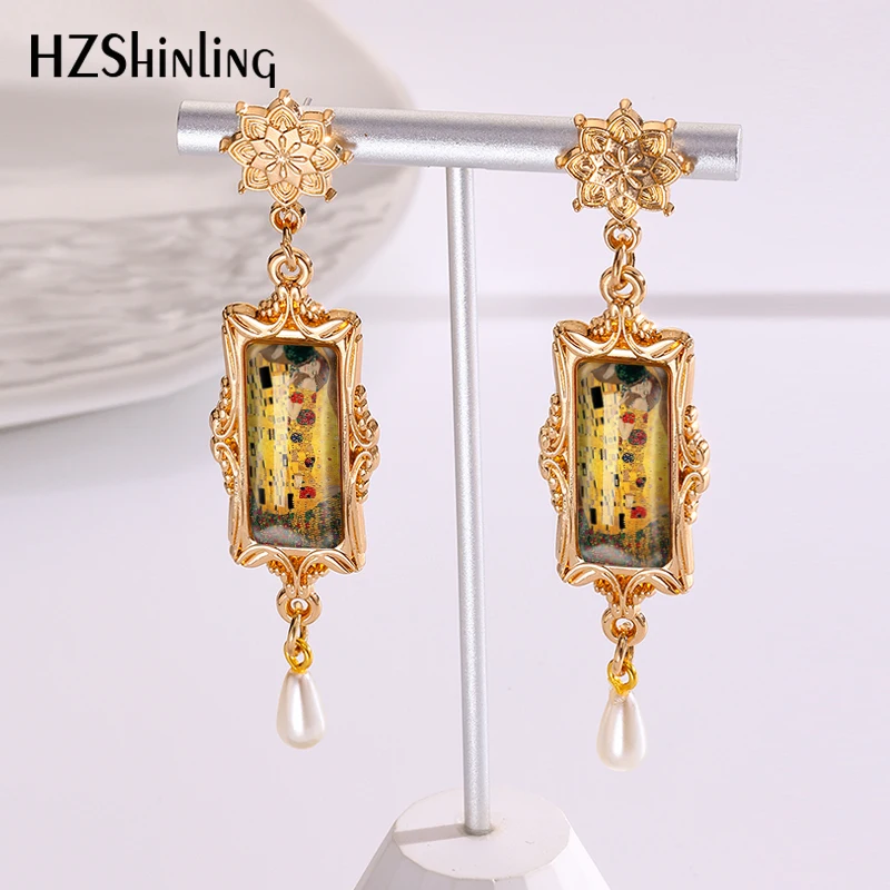 2024 New Gustav Klimt Art Drop Earring Golden Tears Retro Rectangular Earrings Golden Mandala Charm Glass Cabochon Jewelry