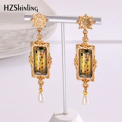 2024 New Gustav Klimt Art Drop Earring Golden Tears Retro Rectangular Earrings Golden Mandala Charm Glass Cabochon Jewelry