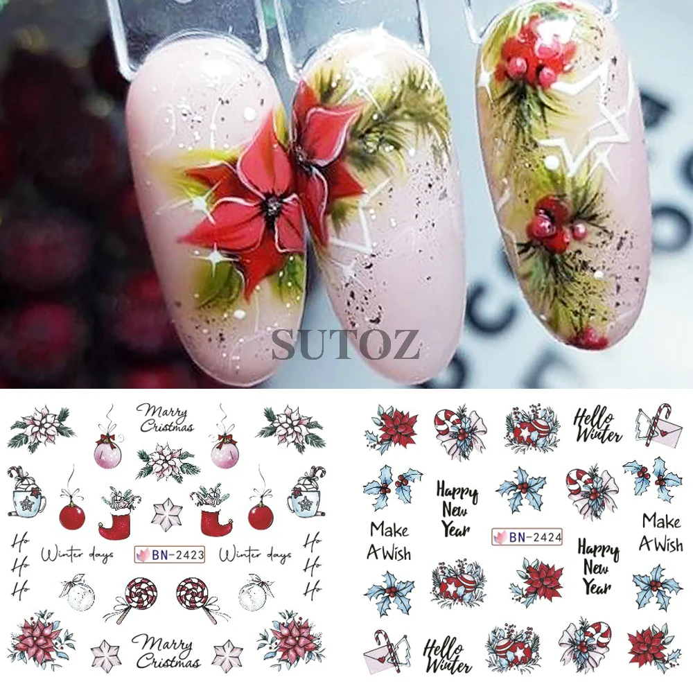 12Pcs Christmas Nail Art Stickers Winter Decoration Transfer Stickers Christmas Trees Animals Gift Manicure Wraps LEBBN2413-2424