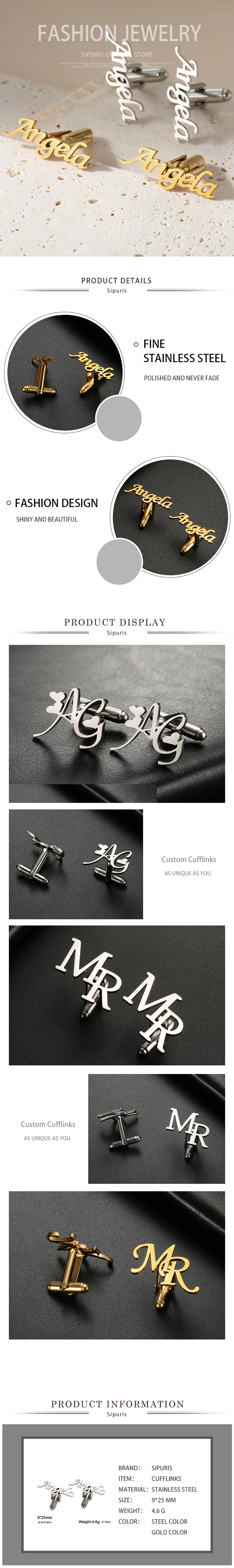 Sipuris Personalisierte Manschettenknöpfe aus Edelstahl für Damen und Herren, Bräutigam-Hemd-Initialen-Manschettenknöpfe, Luxus-Schmuck, Hochzeitsgeschenke – Detail 3
