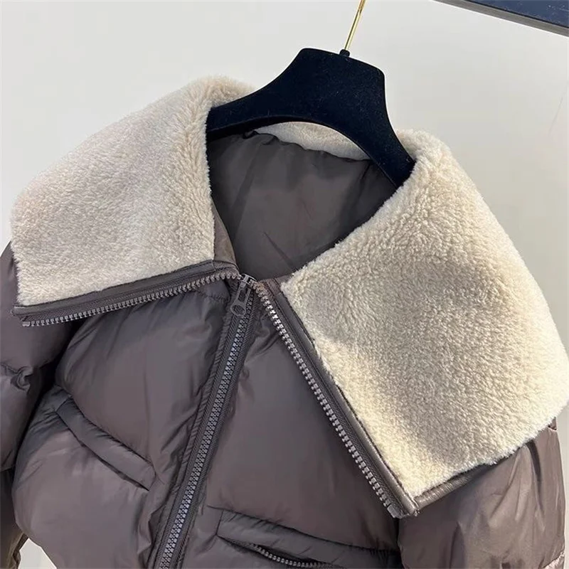 

Женское хлопковое пальто из овечьей шерсти, парка, осень-зима 2025 года, короткая хлопковая куртка с большими лацканами, модная хлопковая верхняя одежда