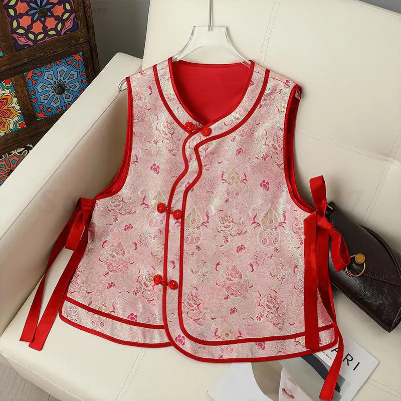 Spring New Chinese Style Round Neck Vest Jacquard Sleeveless Waistcoat Contrasting Round Neck Buckle Red Ribbon Loose Hanfu Top