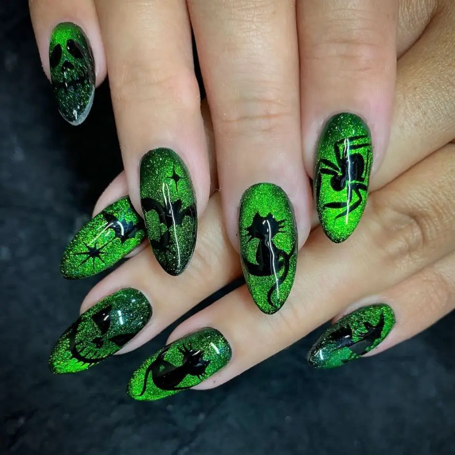 

24Pcs Fluorescent Green Mid-length Almond Press on Fake Nails Spider Cat Bat Grimace False Nail Detachable Full Cover Nails Tips