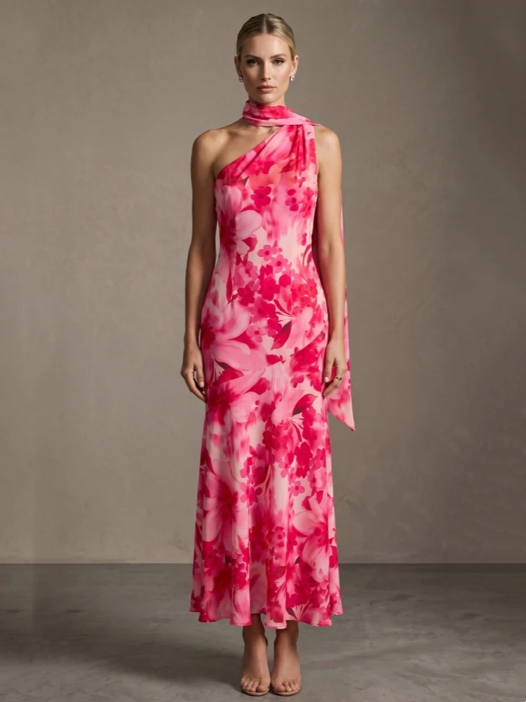 Summer Sexy Halter Neck Ribbon Printed Long Dress Women Sleeveless Backless Flower Printing Slim Dresses Evening Party Gowns