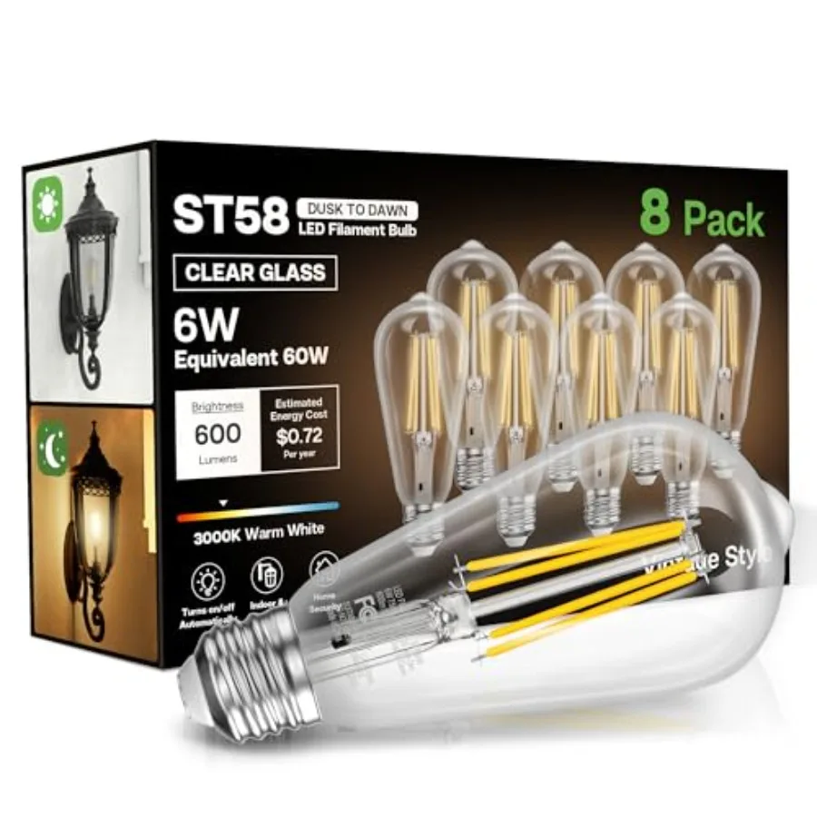 Dusk to Dawn Light Bulbs, 6W Equivalent 60W, 3000K, E26 Base, Light Sensing, ST58 Vintage Style, 600LM, Outdoor Edison Bulbs, A