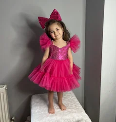 Fuchsia Pink Dress Personalized Birthday Puffy Dress With Sequins Baby Girl Tutu Outfit Flower Girl Dress Kid Christmas Gift