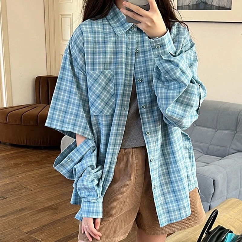 

QWEEK Plaid Women Shirt Vintage Long Sleeve Korean Style Detachable Oversized Casual Harajuku Autumn Clothes 2024 Japanese