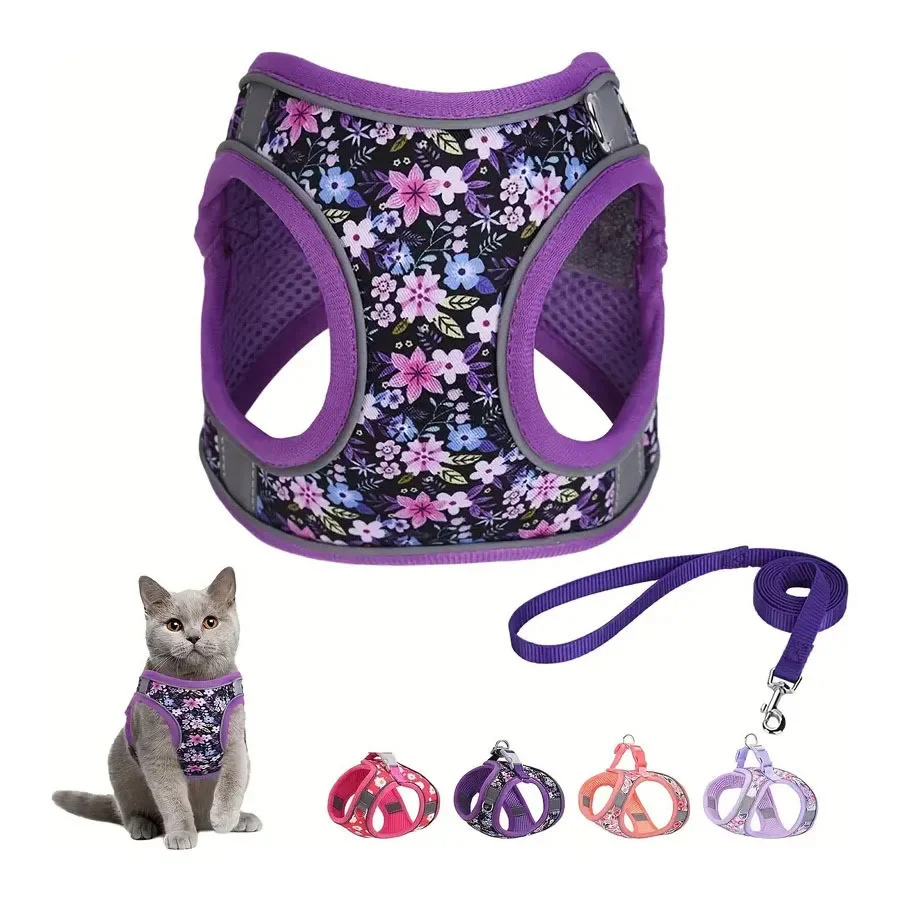 Gilet léger et doux pour chiens et chats de petite et moyenne taille, harnais et laisse pour animaux de compagnie respirants et réfléchissants, sangle de poitrine florale réglable