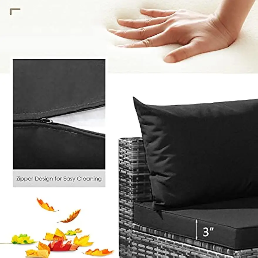 Patio Furniture Set, Outdoor Sectional PE Rattan Sofa Set with Cushions and Tempered Coffee Table, All-Weather Conversation Set