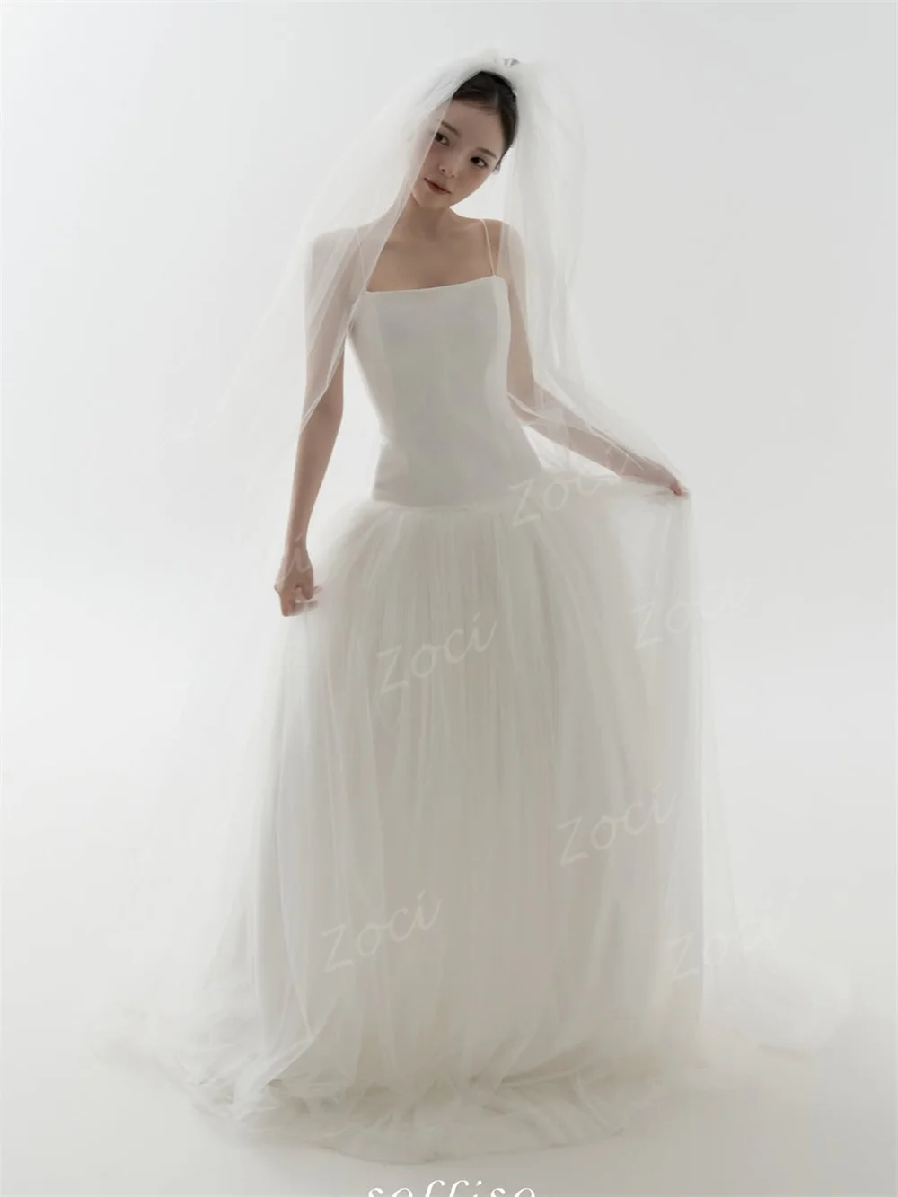 Zoci Princess Strapless Satin Tulle Korea Wedding Dresses Dropped A Line Bride Photos Shoot Dress Customized Long Wedding Gown