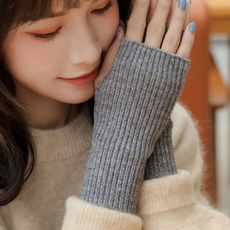 Gants demi-doigt en laine tricotée pour femme, couleur unie, doux et chaud, idéal pour l\'hiver
