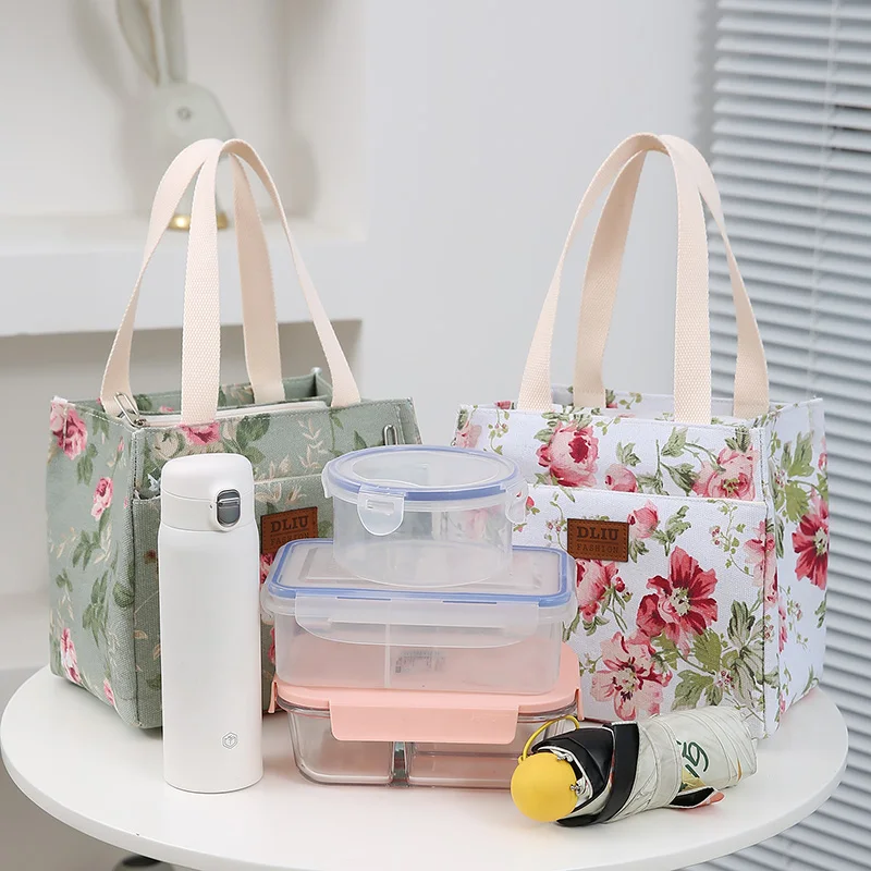 Fashion Print Tote Bag Portable Picnic Canvas Lunch pouch Insulated Large Capacity Bento Bag Travel Thermal Cooler Handbag