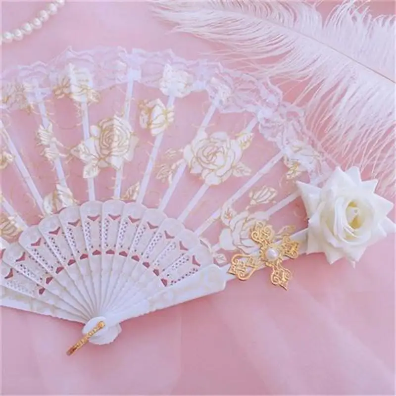 Lolita Gothic Fan Victorian Female Lace Hand Fan Vintage Black White Red Rose Bamboo Fans Cosplay Halloween Party Supplies