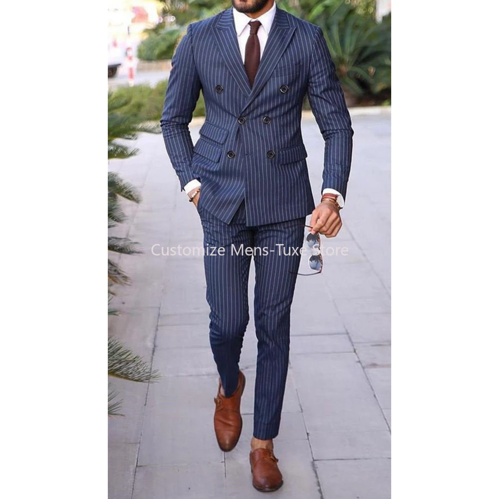 

High End Blue Men Suits Formal Wedding Business Male Clothing Double Peak Lapel Regular Length 2 Piece Jacket Pants