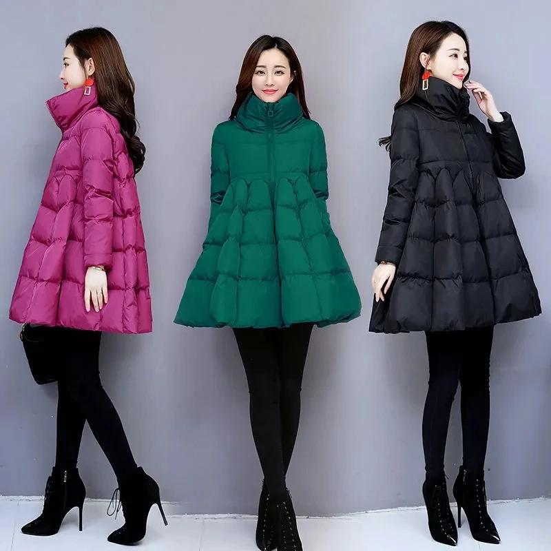 Women\'s Loose Padded Down Cotton Jacket with Zipper Solid Thickened Coat Warm Big Swing Puffy Cloak Parkas Jackets Korean Winter