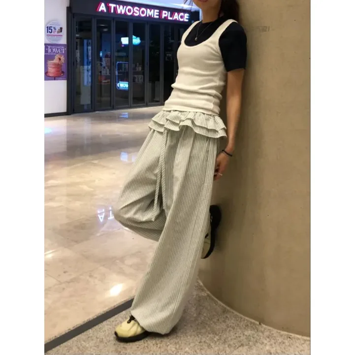 Casual Long Pants Bubble Pleated Stripe Pattern Elastic Waist Skirt Hem Fake Two-Piece Ladies' Casual Wear Thin Material