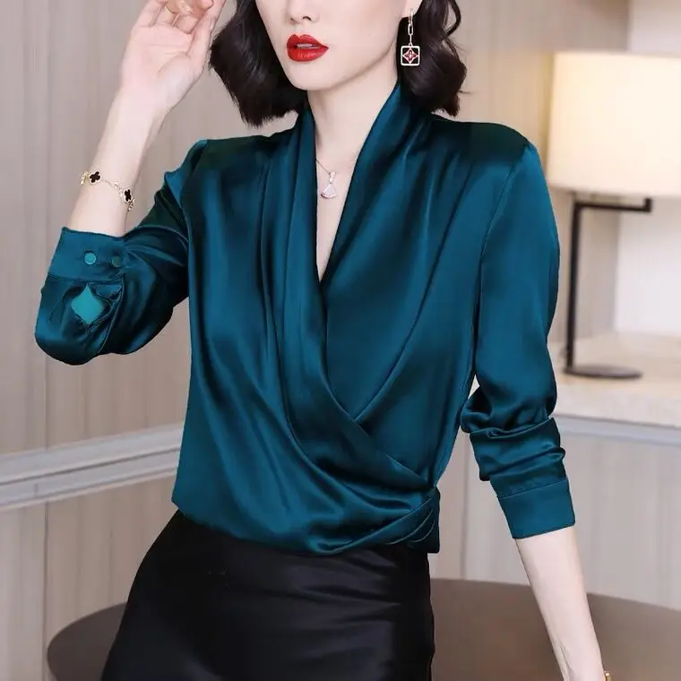 Office Ladies Blouses Shirts Elegant Satin Women Blouse Sexy V neck Casual Solid Long sleeve Spring Summer Female Party Tops