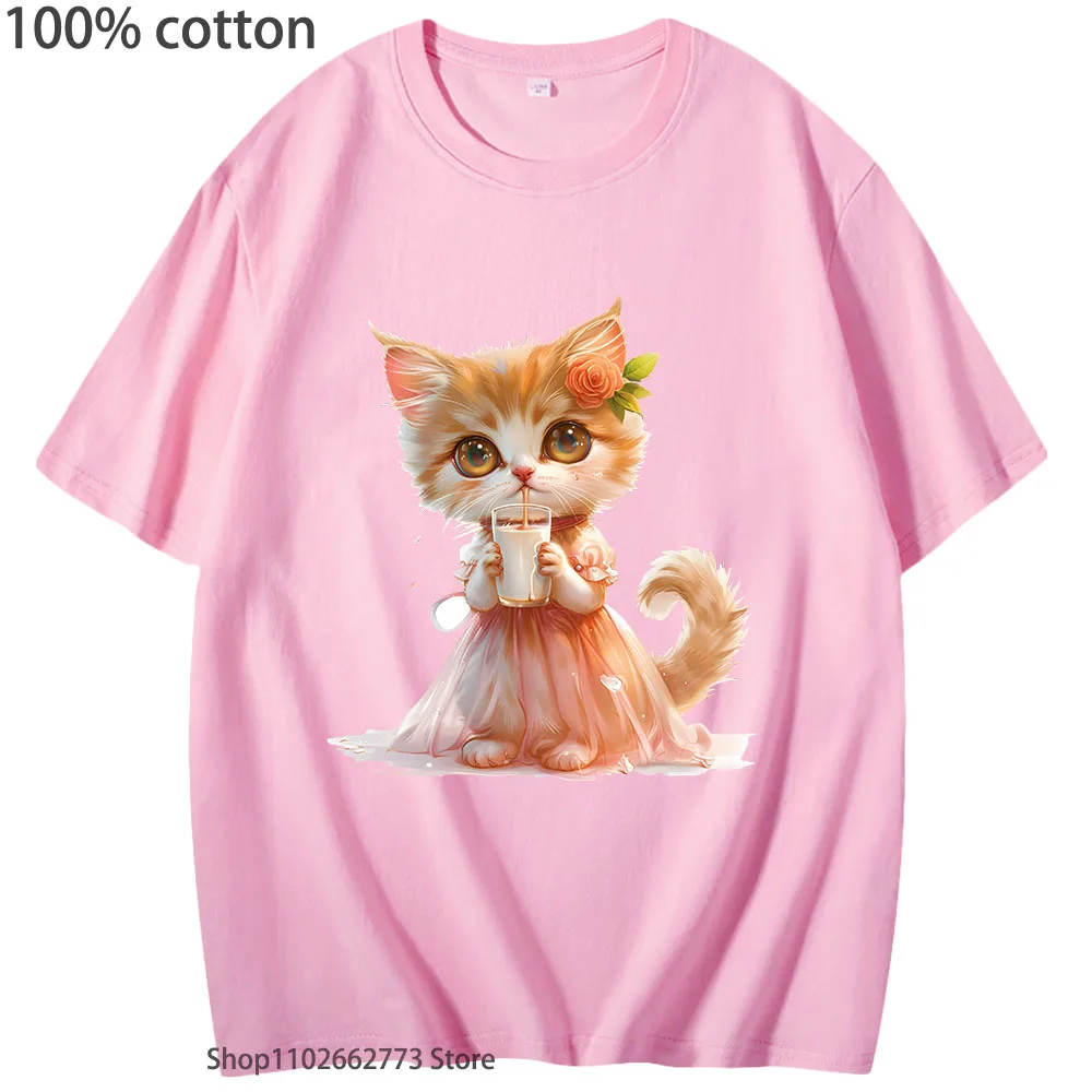 The Cat Is Drinking Milk T-Shirts 100% Cotton Shirt Kawaii Cartoon Clothes Girls Streetwear Women/Men Y2k Top Short Sleeved Tees