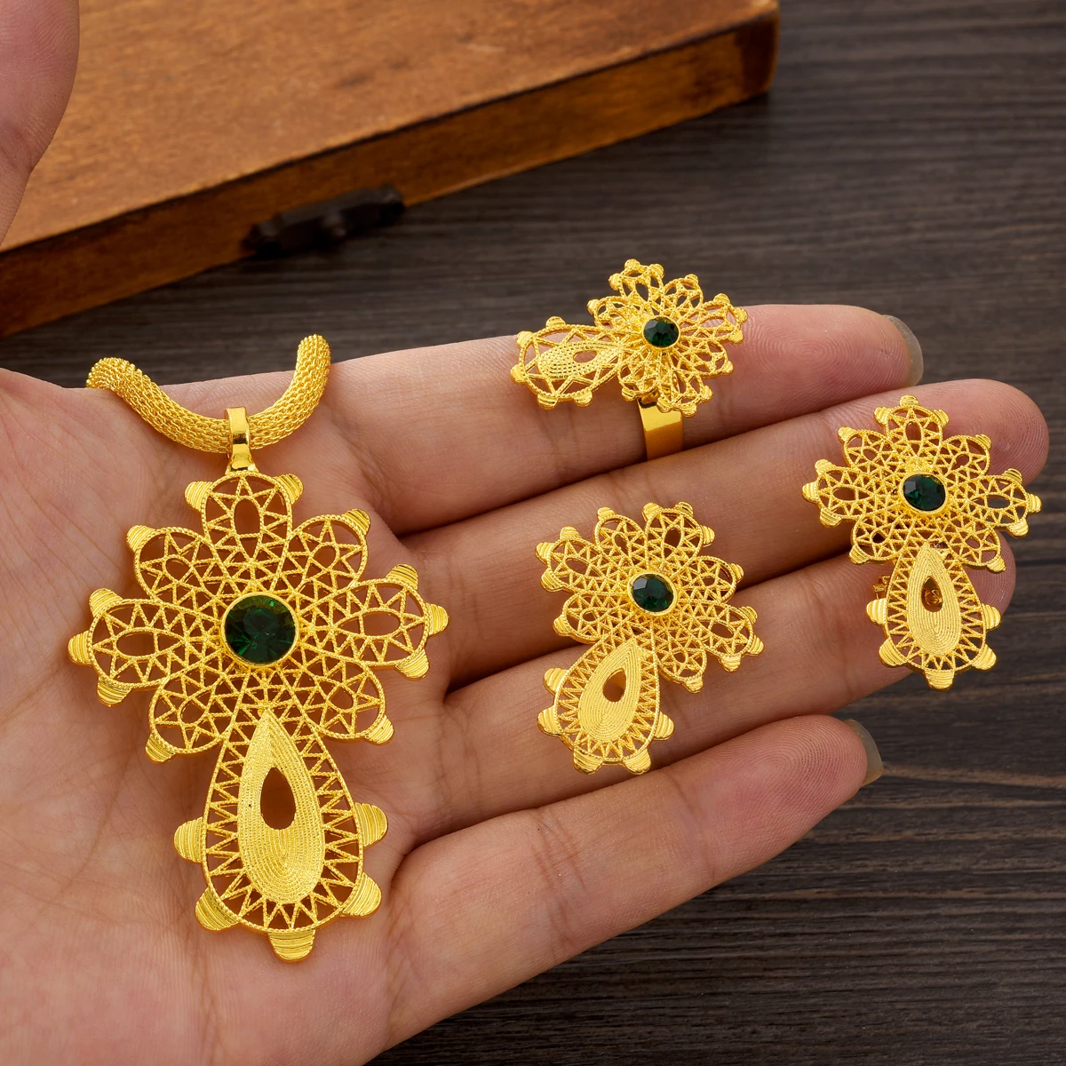 Ethiopian Cross Jewelry sets Pendant Earrings Ring 3-Piece Sets African Eritrean Wedding Engagement Ethnic Gifts #104