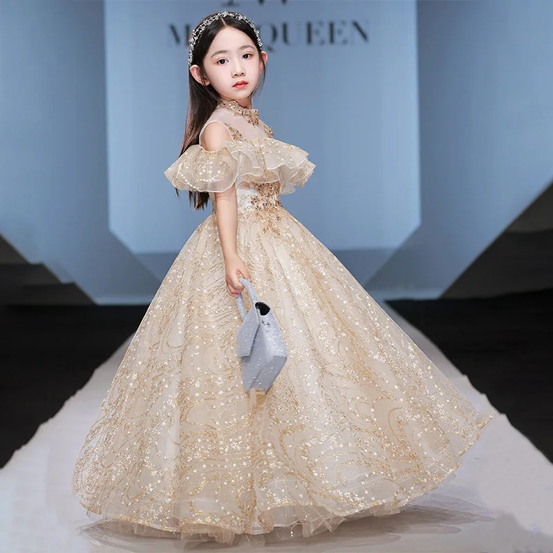 

Платье на день защиты детей, модное платье принцессы цвета шампанского, пышное тюлевое платье для девочек на день рождения, платье для выступлений на фортепиано