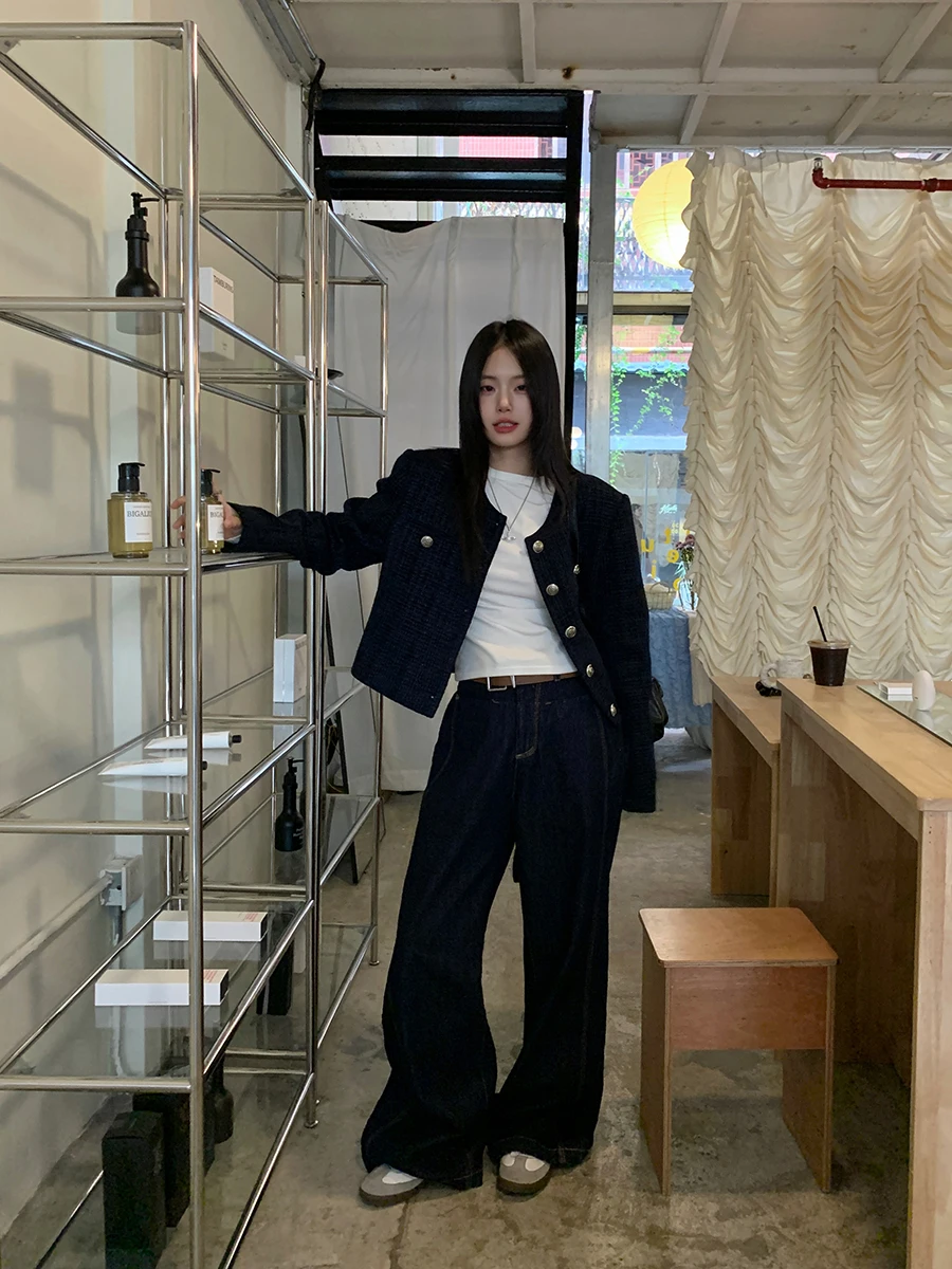 

Повседневные прямые джинсы, женские новые осенне-зимние джинсы с высокой талией, свободный крой в Корейском стиле, универсальная застежка-молния с высокой талией