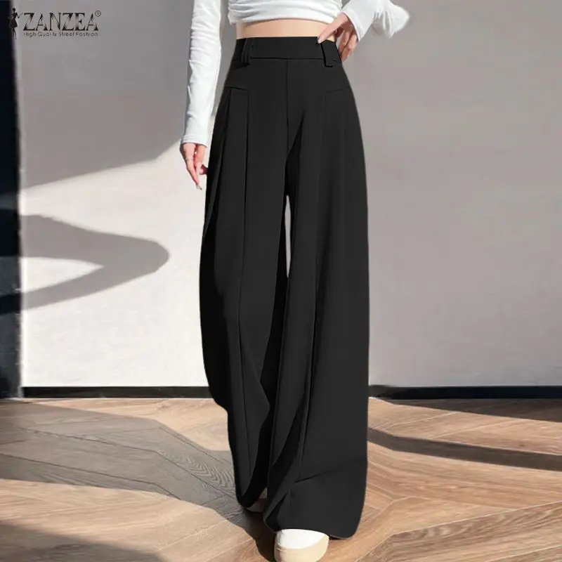 ZANZEA Women's Loose Wide Leg Pants Minimalist Casual Elastic Waist Inverted Pleats Solid Color Trousers Commuting Woman Palazzo