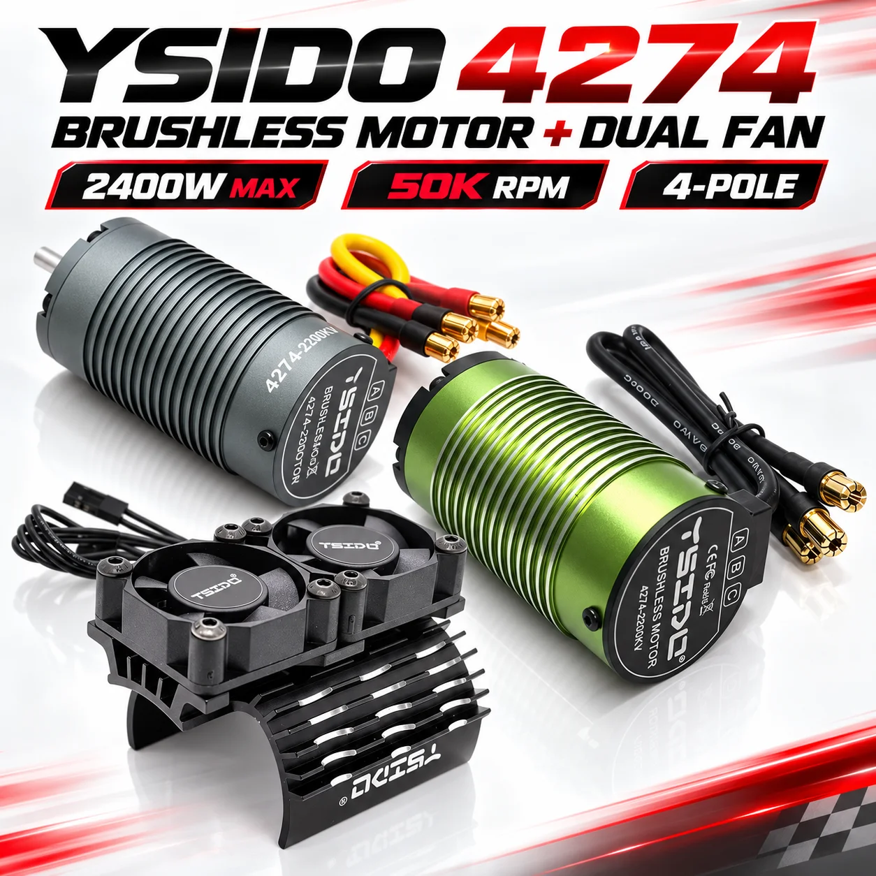 YSIDO 4274 Sensorless Brushless Motor 800KV-3600KV with 40-42mm Dual Cooling Fan Heatsink for 1/7 1/8 RC Buggy Monster Car