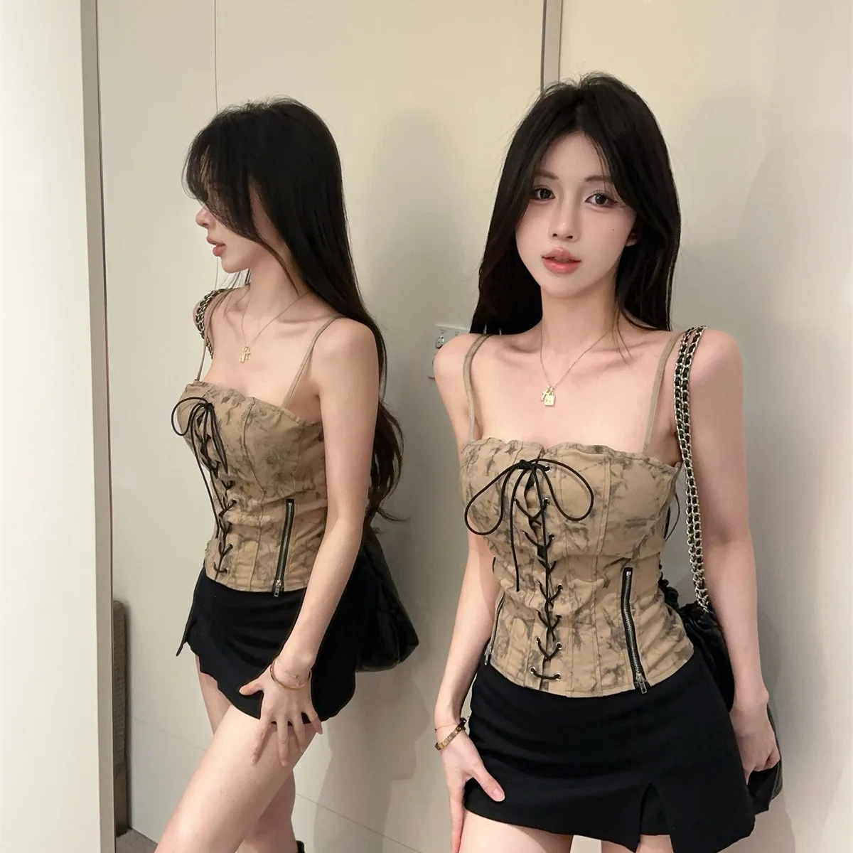 Street Sle American Tie Dye Crop Top da donna con cinturino ort Faionable oulder Baring Trendy Streetwear Autunno 2025