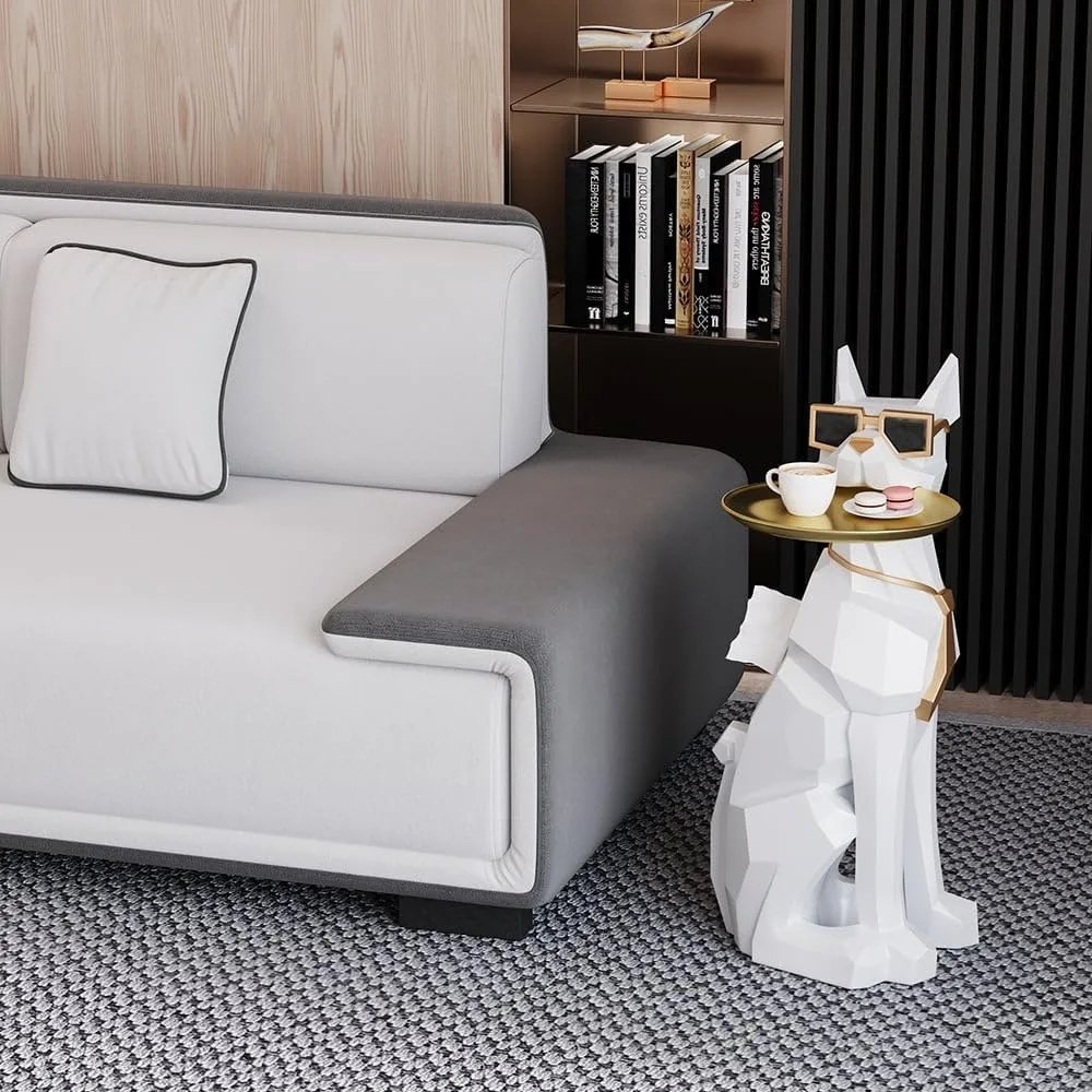 Decorative Statues Modern Resin Dog Sculpture Geometric Standing Statue Cute End Side Table With Metal Storage Tray Decoration