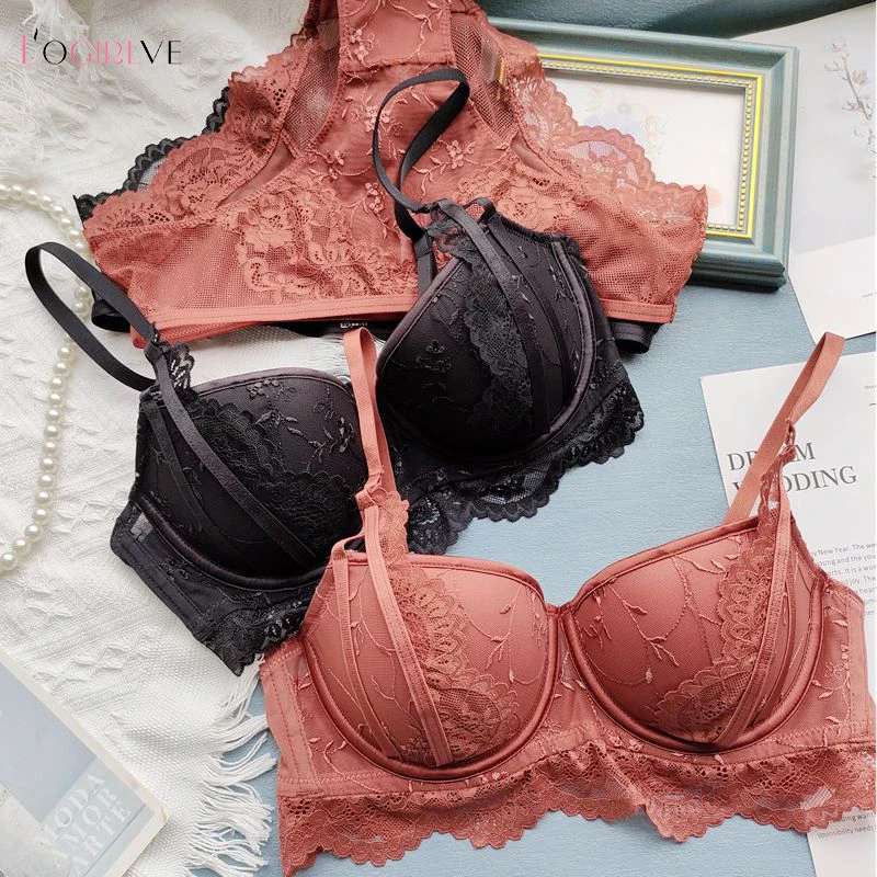 Logirlve Embroidery Sexy Underwear Set Lace Brassiere Deep V Thick Cotton Women Push Up Bra and Panties Set Brand Lingerie